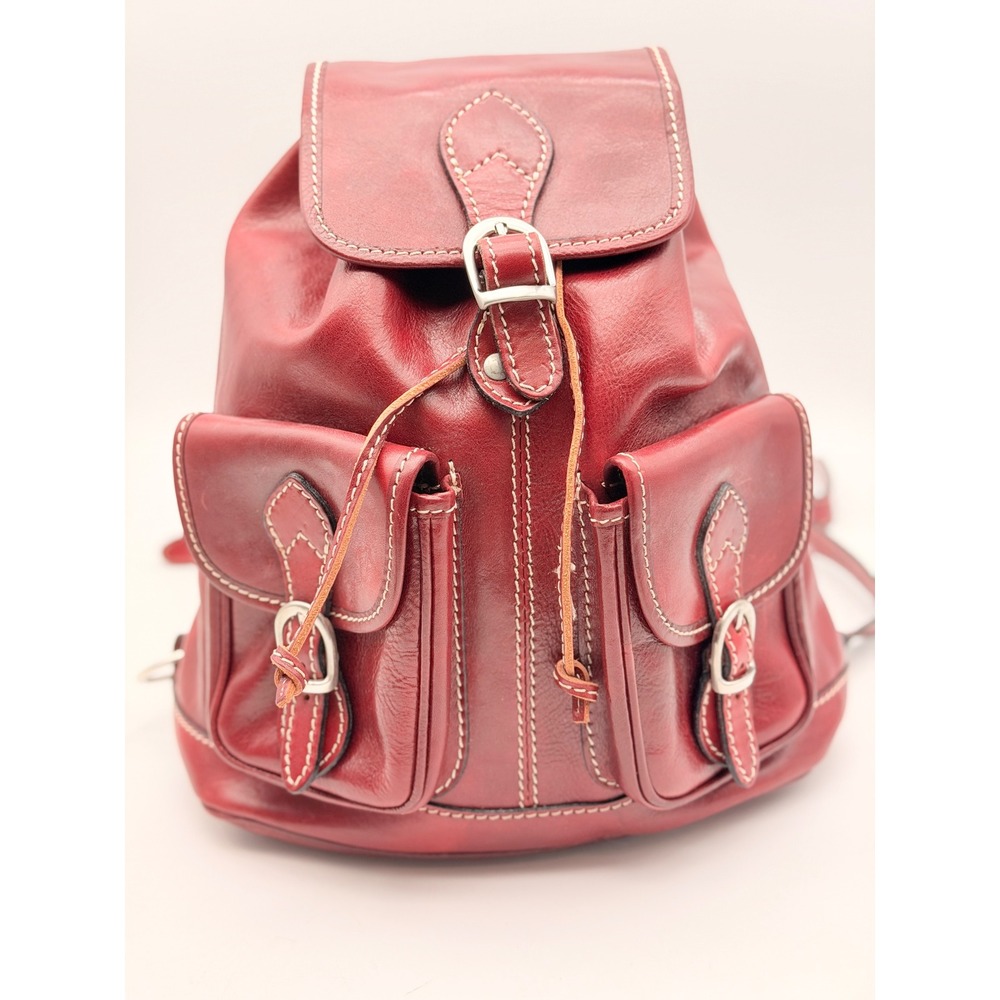Vintage Red Leather Rucksack Backpack Contrast Stitch Buckle Drawstring Medium